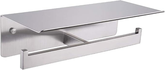 APLusee Double Toilet Paper Holder with Shelf, 304 Stainless Steel Brushed Nickel Bathroom Tissue Holder, Commercial Paper Roll Dispenser Wall Mounted