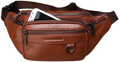 Hebetag Leather Fanny Pack Waist Bag for Men Women Outdoor Travel Walking Hiking Camping Phone Pouch Wallet Casual Daypack, Brown