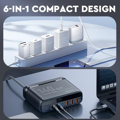 GaN 140W USB C Charger Block 6 Port Multi USB Charging Station Hub Power Digital Display 100W Laptop Charger Type c Universal Travel Adapter EU/UK/US Plug Compatible with MacBook Pro/iPhone/Laptop
