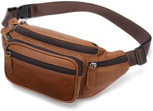 Leather Fanny Pack Waist Bag for Men Women Outdoor Travel Hiking Camping Walking Running Hip Bum Belt Slim Cell Phone Purse Wallet Pouch (#03Brown)