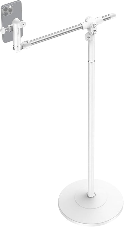NEEWER Basics Phone Floor Stand with Horizontal Extension Arm, Adjustable Cell Phone Holder Clamp Mount Compatible with iPhone Samsung for Video Recording Bed Lying Down, Weighted Base, ST009 White