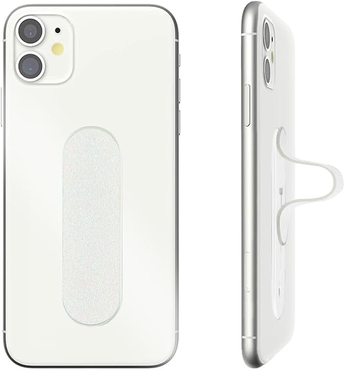 Momostick Flatstick, Cell Phone Finger Grip Strap Holder for Hand, Cell Phone Stand, New Slim Finger Loop Selfie Grip Compatible with Most Smartphones - Glitter White