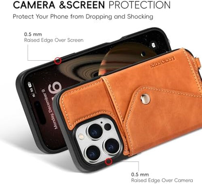 LUCKYCOIN for iPhone 16 Pro Crossbody Wallet Case – Genuine Leather Phone Purse with Adjustable Strap and Card Holder,Lanyard Phone Purse Case for Women,Vintage Brown