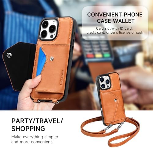LUCKYCOIN for iPhone 16 Pro Max Crossbody Wallet Case – Genuine Leather Phone Purse with Adjustable Strap and Card Holder,Lanyard Phone Purse Case for Women,Vintage Brown