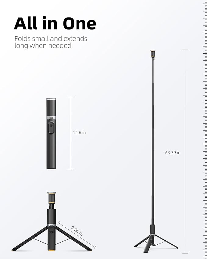 TODI 63" Cell Phone Selfie Stick Tripod, Portable Tripod for iPhone with Wireless Remote, Extendable Smartphone Stand, All-in-1, Compatible with iPhone/Android