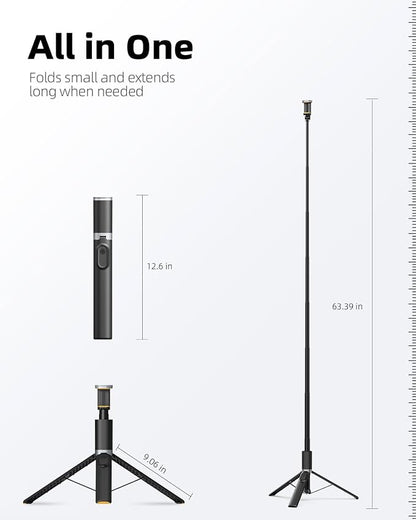 TODI 63" Cell Phone Selfie Stick Tripod, Portable Tripod for iPhone with Wireless Remote, Extendable Smartphone Stand, All-in-1, Compatible with iPhone/Android