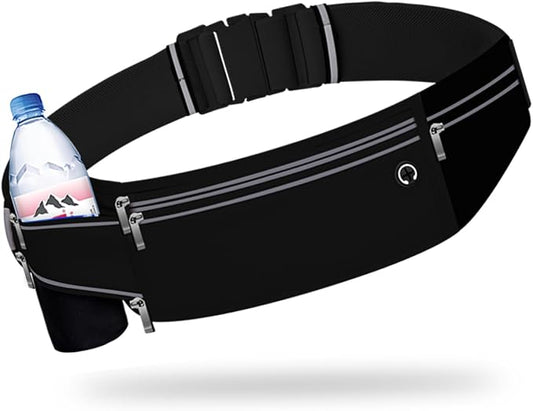 Slim Running Belt for Women Men,Runners Fanny Pack Phone Holder,Money Belt,Running Gear Accessories,with 3 Pockets (Jet Black)