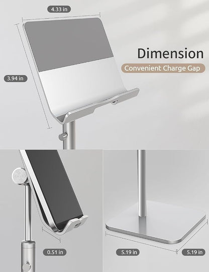 Tablet Stand Height Angle Adjustable, Eye-Level Desktop iPad Stands Tablet Holder for Home Office, Cradle Dock for iPad Pro 12.9, Air Mini 4, Kindle, E-Reader, Nexus, iPhone (4-13'') Silver