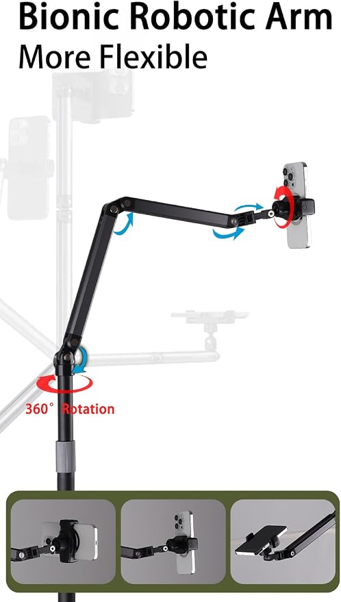 Phone Floor Stand for Recording Cell Phone Holder for Bed, Adjustable Tall Stand with Ultra-Long Extension Arm, 360° Swivel, Compatible with iPhone Samsung and More