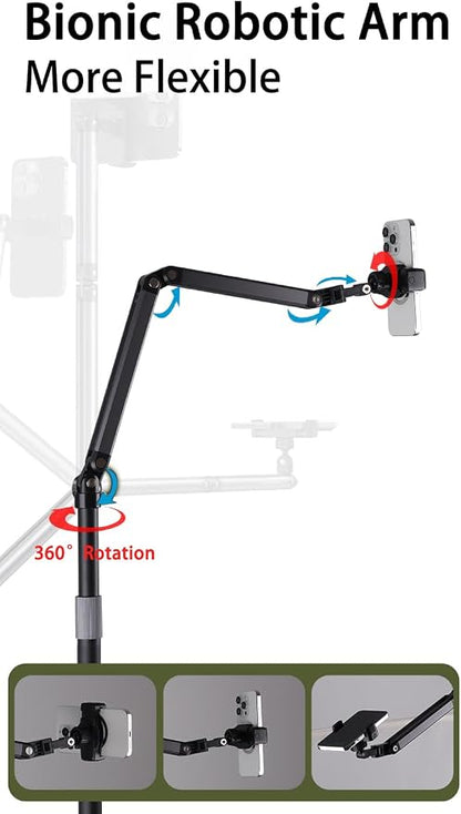Phone Floor Stand for Recording Cell Phone Holder for Bed, Adjustable Tall Stand with Ultra-Long Extension Arm, 360° Swivel, Compatible with iPhone Samsung and More