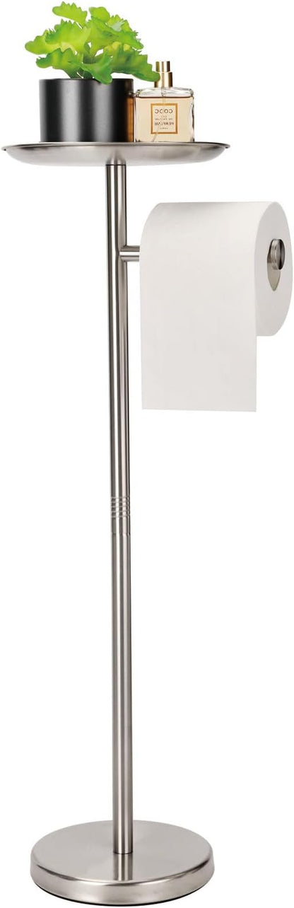 Standing Toilet Paper Holder, TP Holder with Practical Tray On Top for Phone, No Drill No Damage to Wall, Stainless Steel (Brushed Nickel)