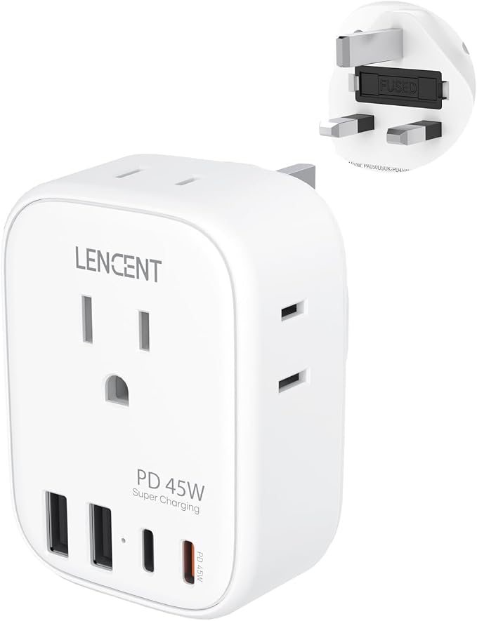 LENCENT US to UK Ireland Travel Plug Adapter, PD45W Grounded Type G Adapter | Travel Adapter with 4 Outlets 4 USB Ports(2 USB C), Power Plug for US to Dubai Scotland British London England Singapore