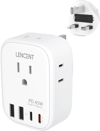LENCENT US to UK Ireland Travel Plug Adapter, PD45W Grounded Type G Adapter | Travel Adapter with 4 Outlets 4 USB Ports(2 USB C), Power Plug for US to Dubai Scotland British London England Singapore