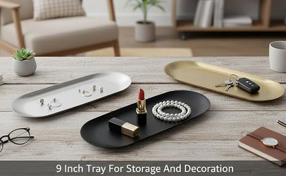 KUMGROT Candle Tray Stainless Steel Jewelry Tray Perfume Rings Keys Pillar Spherical Candles Oval Decorative Candle Holder for Bathroom Kitchen Dresser Silver 9 Inch