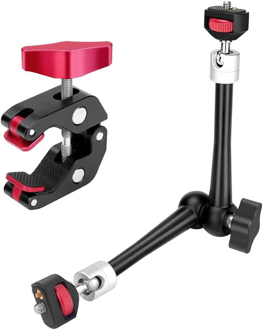 HEMMOTOP 11in Magic Arm Camera Mount Clamp, Max. Payload 5.5 LBS Articulating Arm with Anti-Twist Pins, Rotatable Pads, Adjustable Friction Arm for Monitor, LED Light, Camera Video Rig MS02