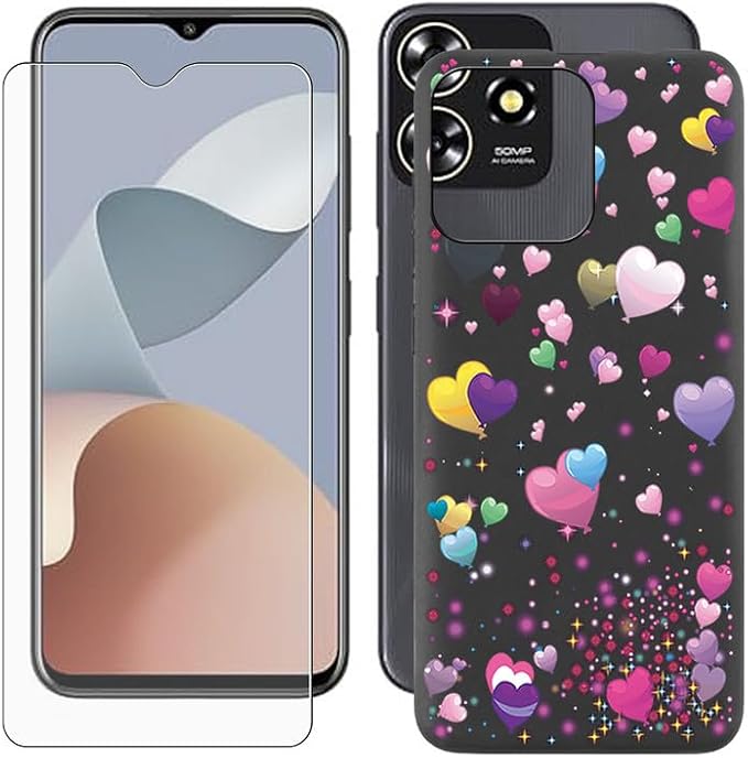 Cover for ZTE Blade A73 (6.52 inch) Case + Screen Protector，Tempered Glass 9H Hardness Protective Film and Soft Silicone Bumper Shell Black TPU Phone case - Romantic Balloon