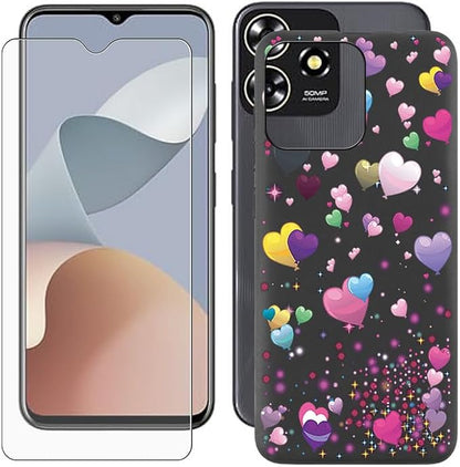 Cover for ZTE Blade A73 (6.52 inch) Case + Screen Protector，Tempered Glass 9H Hardness Protective Film and Soft Silicone Bumper Shell Black TPU Phone case - Romantic Balloon