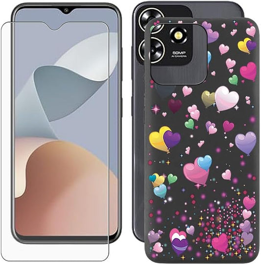 Cover for ZTE Blade A73 (6.52 inch) Case + Screen Protector，Tempered Glass 9H Hardness Protective Film and Soft Silicone Bumper Shell Black TPU Phone case - Romantic Balloon
