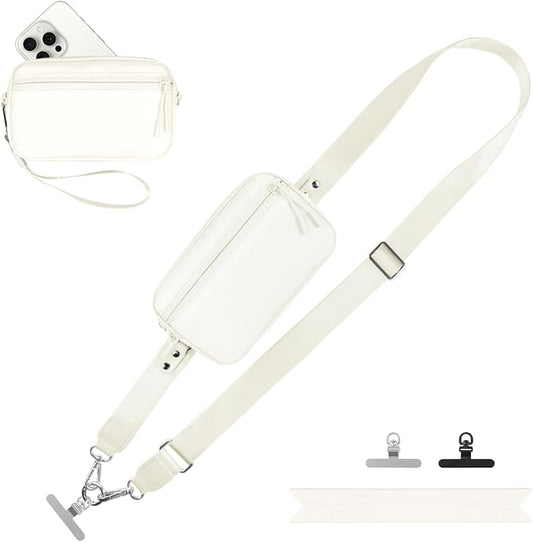 YFWE Clip and Go Strap for Phone with Wallet Crossbody, Adjustable Phone Lanyard with Detachable RFID Wristlet Wallet, Cream (L)