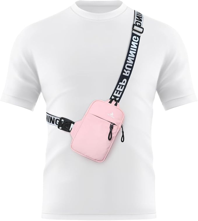 Peicees Mini Crossbody Sling Bag Chest Bag Dual Pocket Water Resistant Fanny Pack Running Phone Holder for Men Women Workout Travel, Pink