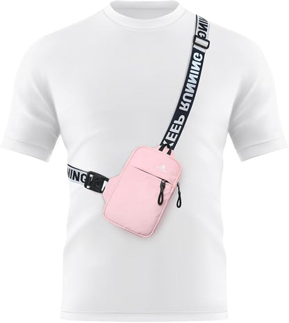 Peicees Mini Crossbody Sling Bag Chest Bag Dual Pocket Water Resistant Fanny Pack Running Phone Holder for Men Women Workout Travel, Pink