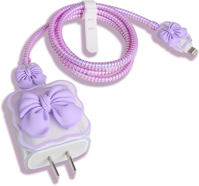 Compatible with Apple iPhone 18W/20W USB-C Charger Protective Cover Cute Bow Clear Soft Charger Protector Kawaii Cable Saver for iPhone 14 15 16 Pro Max Fast Power Adapter