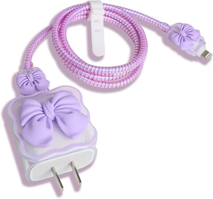 Compatible with Apple iPhone 18W/20W USB-C Charger Protective Cover Cute Bow Clear Soft Charger Protector Kawaii Cable Saver for iPhone 14 15 16 Pro Max Fast Power Adapter
