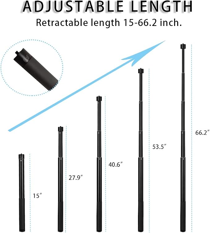 15-66.2 inch Invisible Long Selfie Stick,1/4" Extended Monopod Pole Compatible with GoPro Hero 13 12 11 10 9 8 Insta360 X5 X4 DJI Osmo 360/Action 6 5 Pro 4 AKASO EK7000 Brave 4 7 LE ODDV Action Camera