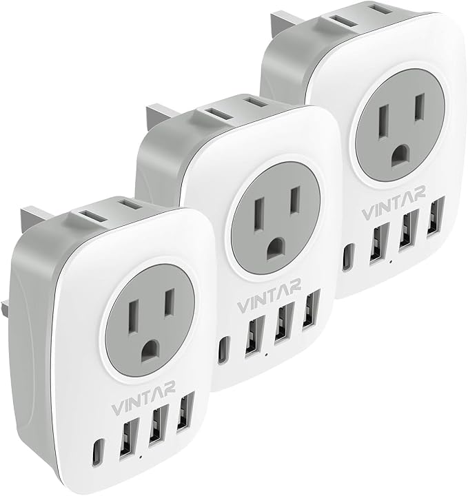3 Pack UK Ireland Travel Plug Adapter, VINTAR International Power Adaptor with 1USB C, 2American Outlets and 3USB Ports, 6 in 1 Type G Plug Adapter