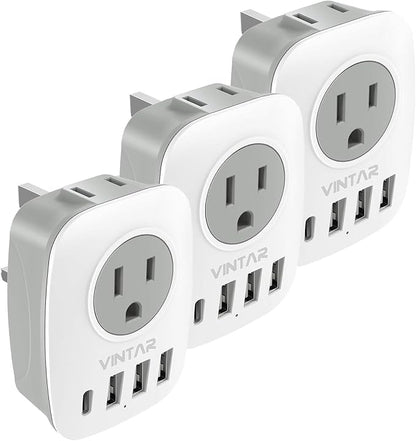 3 Pack UK Ireland Travel Plug Adapter, VINTAR International Power Adaptor with 1USB C, 2American Outlets and 3USB Ports, 6 in 1 Type G Plug Adapter
