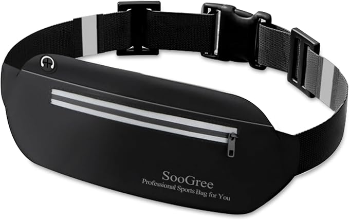 SooGree Running Waist Pack for Men Women, Lightweight Waterproof Sports Belt Bag, Phone Running Pouch, Night Reflective Fitness Storage Bag for Running Cycling Hiking Traveling (Black)