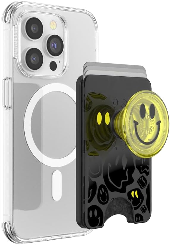 PopSockets Phone Wallet for MagSafe, Phone Card Holder with Grip, Neon Yellow - All Smiles