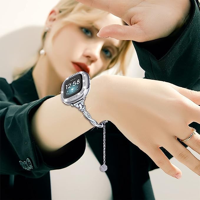 Bling Band Compatible with Fitbit Versa 4/Sense, Fitbit Versa 3/ Sense 2, Double Twist Metal Bangle Bracelet with Rhinestones for (Fitbit Versa 4/Sense 2, Silver)