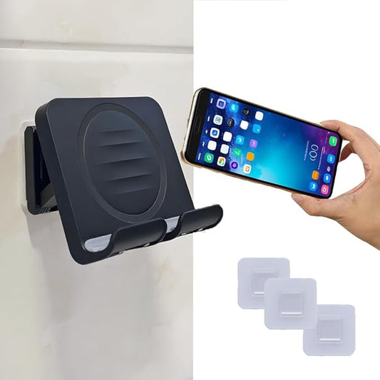 Shower Phone Holder Upgraded, Removable Wall Mounted Hands-Free Cellphone Stand, Angle Adjustable Phone Stand with 3pcs Adhesive Pad for Kitchen Bathroom Dorm Bedroom (Black)