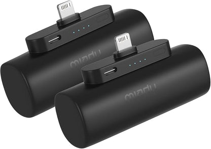 Miady 2-Pack Mini Portable Charger Built-in Connector Compact Battery Pack | 5000mAh PowerBank丨Not for Android丨Lightweight丨for Travel丨Compatible with iPhone 14/13 Series丨Flight-Safe丨18Wh丨Black+Black