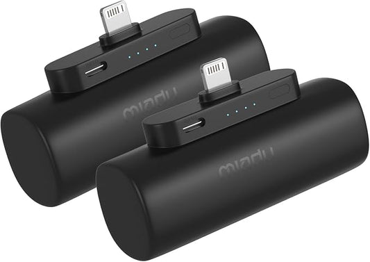 Miady 2-Pack Mini Portable Charger Built-in Connector Compact Battery Pack | 5000mAh PowerBank丨Not for Android丨Lightweight丨for Travel丨Compatible with iPhone 14/13 Series丨Flight-Safe丨18Wh丨Black+Black