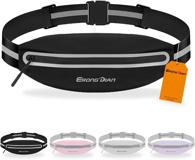 Slim Running Belt for Men, Water Resistant Fanny Pack for Women, Cell Phone Holder for Running Walking Cycling, Adjustable No Bounce Running Waist Pack for iPhone 17 16 15 Samsung - Black