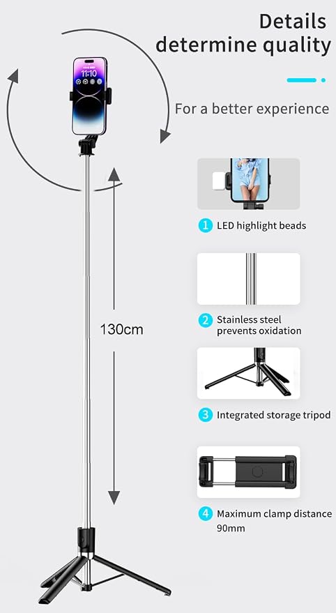 Tianle Selfie Stick, 51 Inch Phone Tripod Extendable Cell Phone Tripod Stand with Wireless Remote and Phone Holder Compatible with iPhone Android Phone for Selfie, Video Recording, Photo