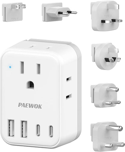 PAEWOK European Travel Plug Adapter Set, Universal Travel Adapter with 4 AC | 8-in-1 Travel Adapter, Type C/G/A/I/D/M Detachable Plugs, 4 USB Ports (2 USB C), US to EU/UK, International Power Adapter