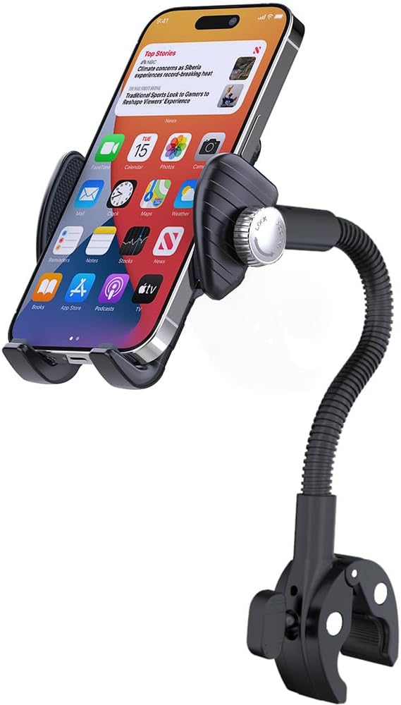 Phone Holder Spin Bike Mount, Goosencek Handlebar Clamp Holder Fit Peloton, Treadmill, Wheelchair, Indoor Exercise Bicycle, Mic Stand, Scooter, Stroller - Fit iPhone 15 Pro 14 13 & All 4-7" Cell Phone