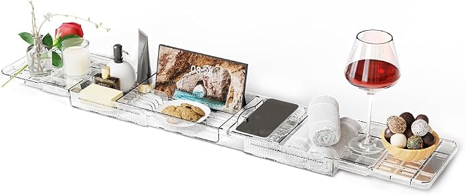 Expandable Bathtub Tray - Lightweight Adjustable Bath Caddy, Spa Organizer with Holder for Phone, Book & Wine Glass (Extra Long)
