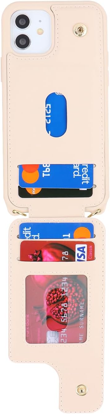 Lipvina for iPhone 12/12 Pro Case with Card Holder for Women,Crossbody Strap Lanyard,Credit Card Holder,Ring Stand,Snap Clasp,Wallet Case 6.1 inch (Beige)