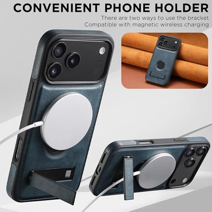 Magnetic Case for iPhone 17 Pro Max/17 Pro/17 Air/17, Retro Oil Wax Pattern Logo View Leather Cover with Folding Kickstand (17 Pro,Brown) (17 Pro,Blue)
