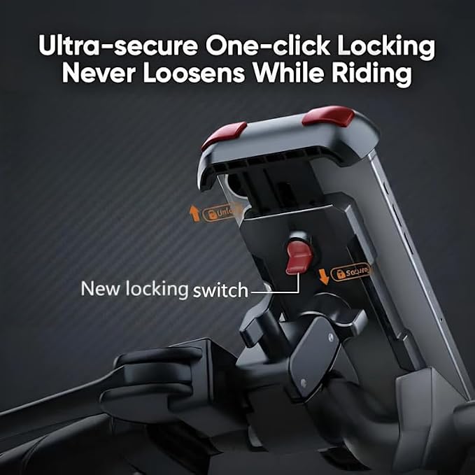 Bike Phone Holder Motorcycle & Bicycle Handlebar Mount, 360 Rotatable, Secure Clamp, Fits Thick Smartphones 4.7"-7" (Black+Red)