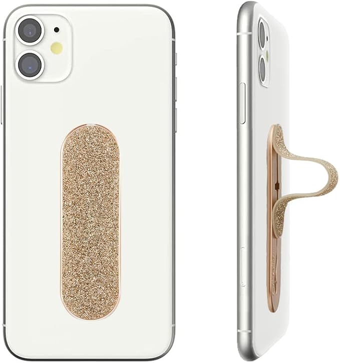 Momostick Flatstick, Cell Phone Finger Grip Strap Holder for Hand, Cell Phone Stand, New Slim Finger Loop Selfie Grip Compatible with Most Smartphones - Glitter Gold