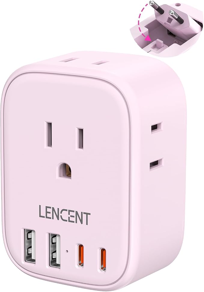 LENCENT European Travel Plug Adapter US to Europe Type-C Foldable Plug | with 4 Outlets 4 USB Ports (2 USB C), Power Adaptor for USA to EU Euro Iceland Spain Italy France Germany Greece, Pink