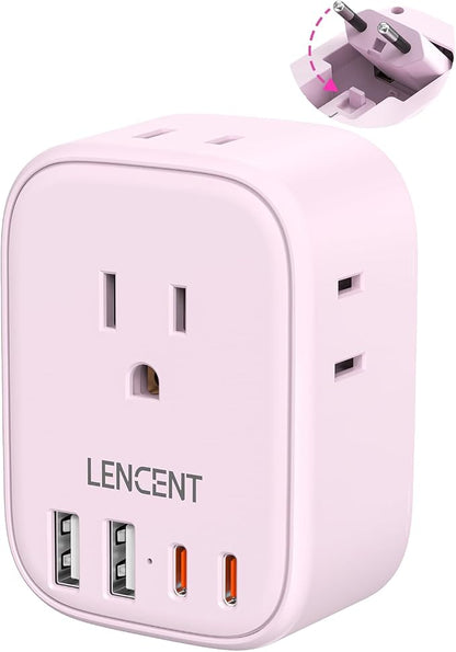 LENCENT European Travel Plug Adapter US to Europe Type-C Foldable Plug | with 4 Outlets 4 USB Ports (2 USB C), Power Adaptor for USA to EU Euro Iceland Spain Italy France Germany Greece, Pink