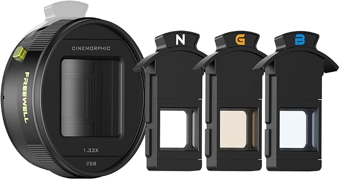 Freewell 1.33x Anamorphic Lens for iPhone & Samsung - 3 Flare Colors in One Lens (Neutral, Gold, Blue) - Cinematic Smartphone Lens with Oval Bokeh - Compatible with 17mm Mount Phone Case & Cage.