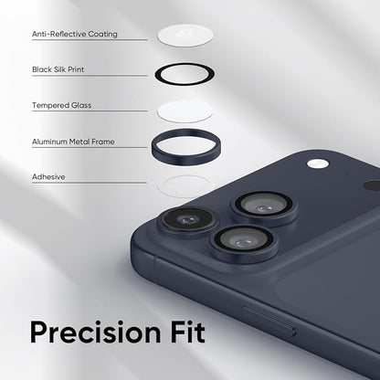 FLOLAB NanoArmour for iPhone 17 Pro Max/iPhone 17 Pro Camera Lens Protector - Anti-Reflective, Durable Tempered Glass with Aluminum Ring, TruColors, Ultra Clear, Easy Install - Deep Blue