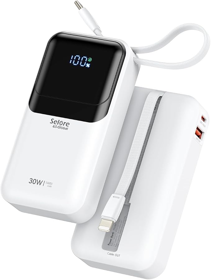 Portable Charger Power Bank Fast Charging,10,000mAh Battery Pack with Built in USB C & Lightning Cable,PD 30W Output for iPhone 17/16/15 Series,LED Display,4 Outputs for Samsung,Android etc
